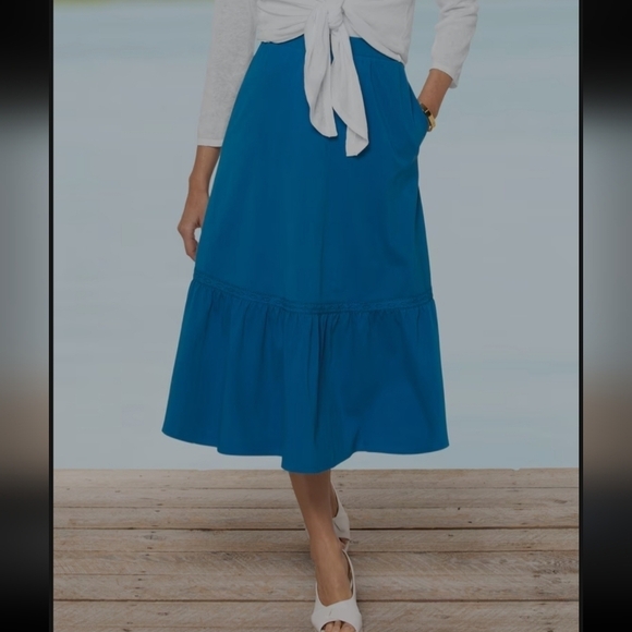 Appleseed's Boardwalk Knit Flounced Midi Skirt. Color: Seaport Blue. Size Petite - Picture 1 of 8